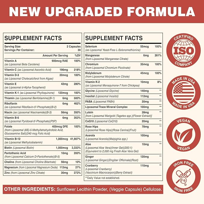 Sambugra Liposomal Multivitamin for Women 50+ - Women Daily Multivitamin with 32 Ingredients CoQ10 Vitamins C B D E for Cardiovascular &amp Bone Health Support - Iron-Free (120 Capsules)