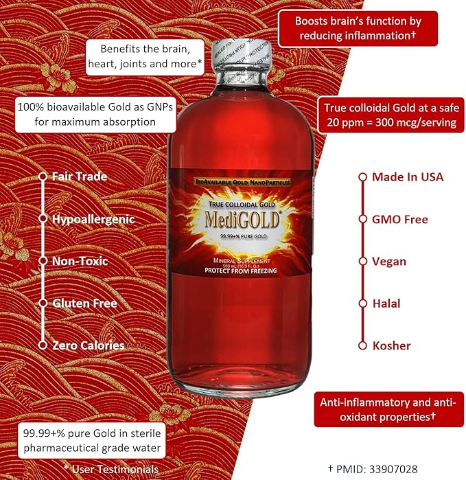 True Colloidal Gold Dietary Supplement - 500 mL (16.9 Fl Oz) in Clear Glass Bottle