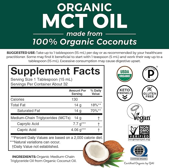 Viva Naturals Organic MCT Oil 32 fl oz – MCT Oil for Coffee USDA Organic Non-GMO Paleo Certified &amp Keto Friendly Supports Energy &amp Mental Clarity