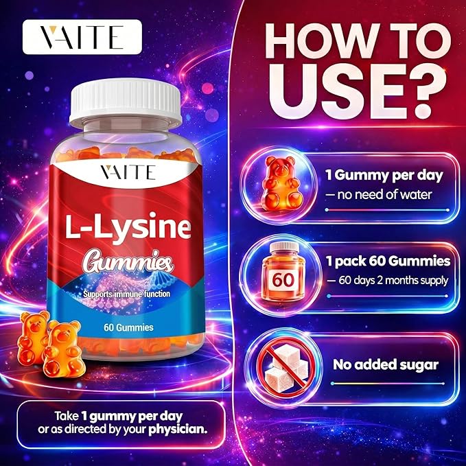 L-Lysine 1000mg Gummies - Supports Skin Lip Vegan Gluten Free 60 Chewable Lysine for Adults Vitamins Tissue Health &amp Immune System Amino Acid Vitamin Supplement &amp Complex Supplements (3