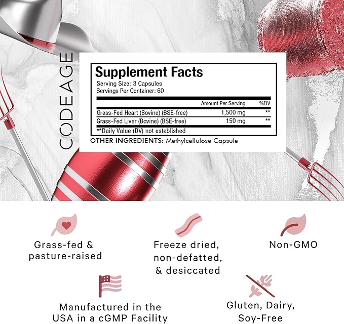 Codeage Grass Fed Beef Heart Supplement - Freeze Dried Non-Defatted Desiccated Glandular Supplements - Bovine Meat &amp Liver Pills - Beef Vitamins for Heart - Non-GMO -180 Capsules