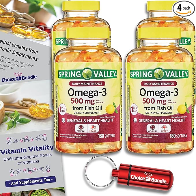 Choice Bundle Spring Valley Fish Oil Omega 3 Fatty Acid Supplement Lemon Softgels 500 mg 180 Ct 4 pk (720 Total) + Vitamin Guide and Pill Container (6 Items)!