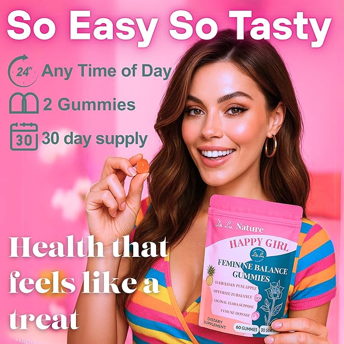 Dr. Lu Happy Girl Feminine Balance Gummies | Pineapple Gummies for Women pH Balance with Probiotics &amp Immune Support | Delicious &amp Naturally Flavored Sugar-Free Vegan - 60 Count