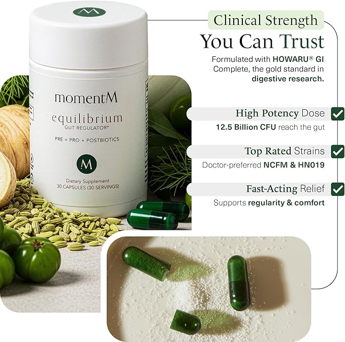 momentM Equilibrium 3-in-1 Probiotics for Women &amp Men Digestive Health Prebiotics and Probiotics for Women with HOWARU Strains Postbiotics &amp Fennel for Bloat &amp Gut Health12.5B CFU 30 C