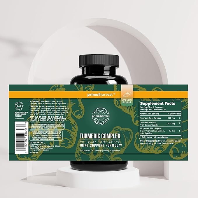 Primal Harvest 1 Pack Primal Turmeric Complex w/Black Pepper Extract Joint and Mobility Support Turmeric Supplement for Women &amp Men 60 Capsules