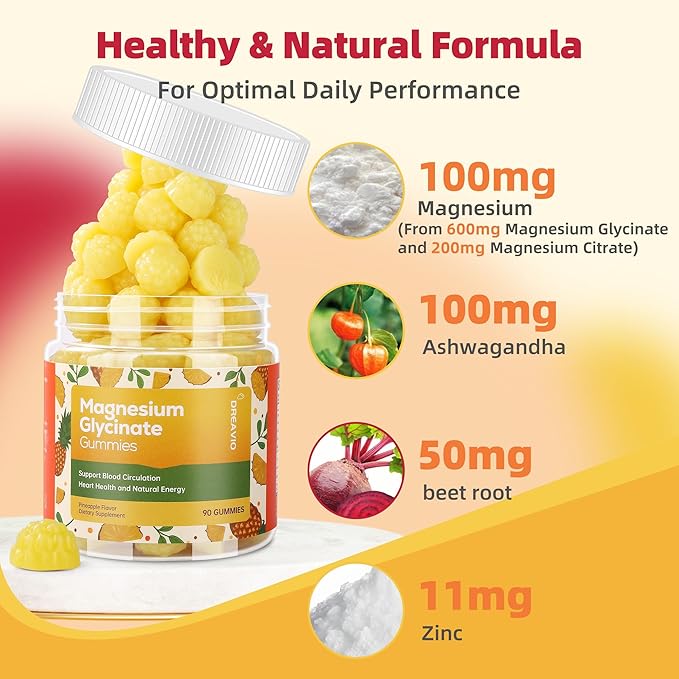 DREAVIO 90 Count Magnesium Glycinate Gummies w/Ashwagandha Supplement - Sugar Free Zinc Magnesium Glycinate Supplement Ashwagandha Gummies for Adults Pineapple Flavor