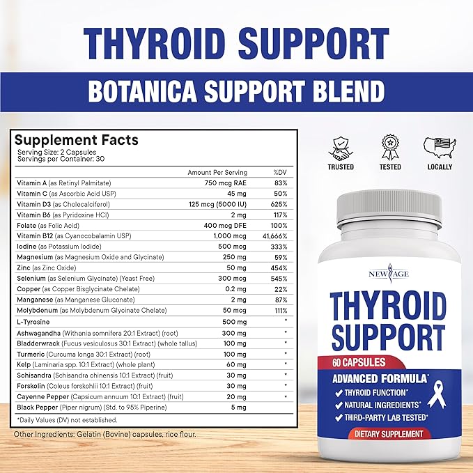 NEW AGE Thyroid Support Supplement for Women &amp Men with Iodine B12 Zinc Selenium Ashwagandha Bladderwrack Turmeric Schisandra - Non-GMO - 60 Count