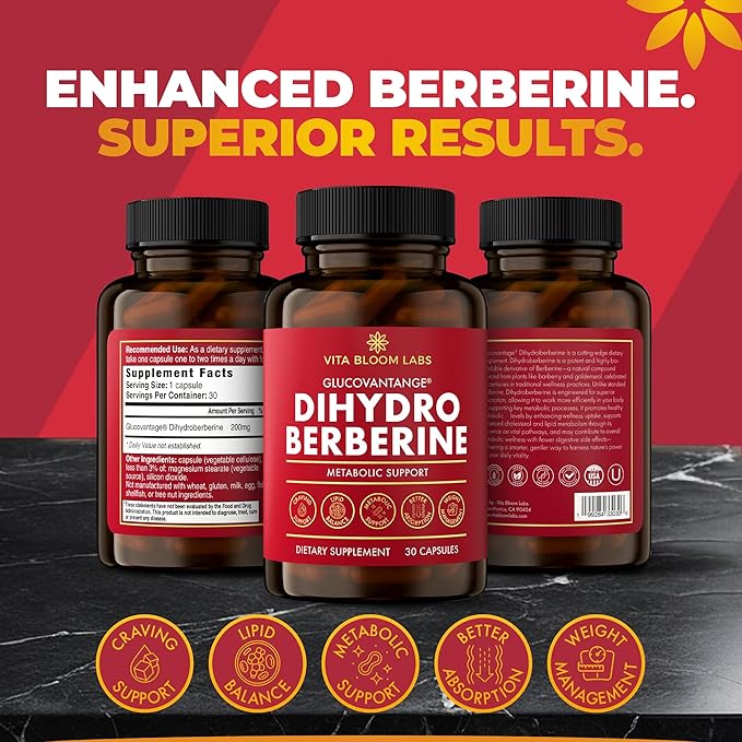 GlucoVantage Dihydroberberine Supplement - Enhanced Berberine for Superior Absorption &amp Effectiveness - Overall Wellness Support &amp Energy Balance (200mg)
