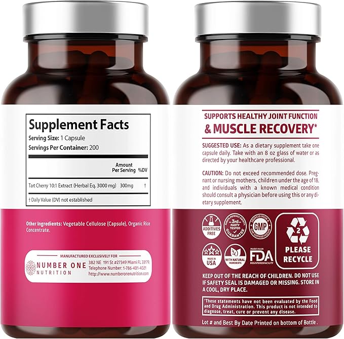Number One Nutrition N1N Premium Tart Cherry Extract Capsules 200 Veg Caps 3000 mg Powerful Antioxidant Joint Health and Mobility Non-GMO Gluten Free 200 Veggie Caps (Pack of 2)