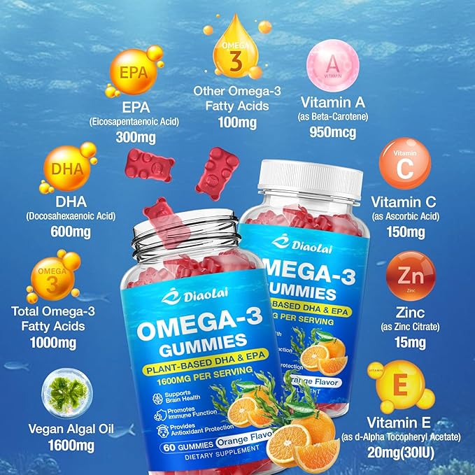 2 Pack Vegan Omega-3 Gummies for Adults – Sugar-Free Algae-Based DHA 600mg &amp EPA 300mg with Vitamins A C E Zinc – Omega 3 Fish Oil Alternative 120 Count