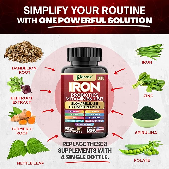 Iron Supplement with Slow Release Iron Probiotics Spirulina Turmeric Vitamin B6 B12 C Zinc Folate Beetroot Nettle Leaf Dandelion Root Black Pepper Extra Strength 60 Vegan Capsules