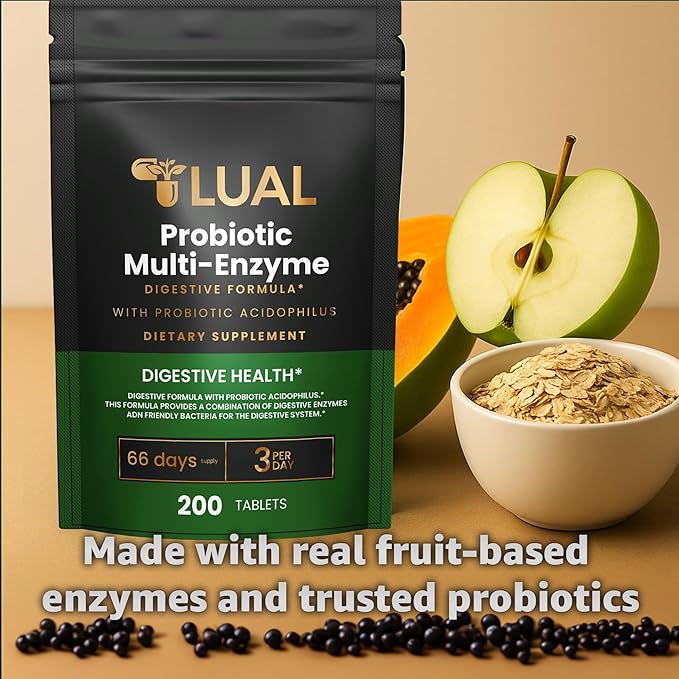 LUAL Probiotic Multi-Enzyme for Digestive Health. Probiotic + Digestive Enzymes for Women &amp Men. Lactobacillus Acidophilus Bromelain Papain | 200 Tablets – 66 Days Supply