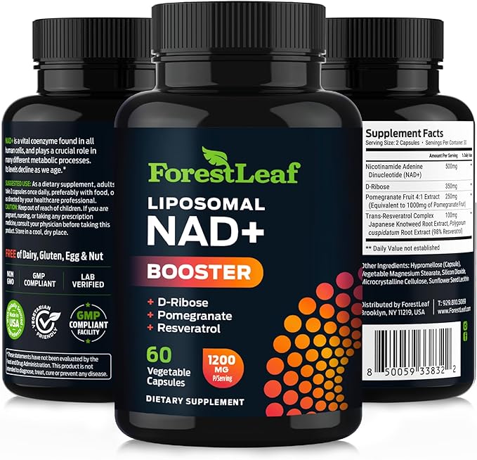 ForestLeaf NAD Resveratrol Capsules Liposomal NAD Supplement for Women and Men with D-Ribose and Pomegranate NAD+ for Energy Focus and Anti-Aging Support NMN Supplement Alternative (60 Caps)