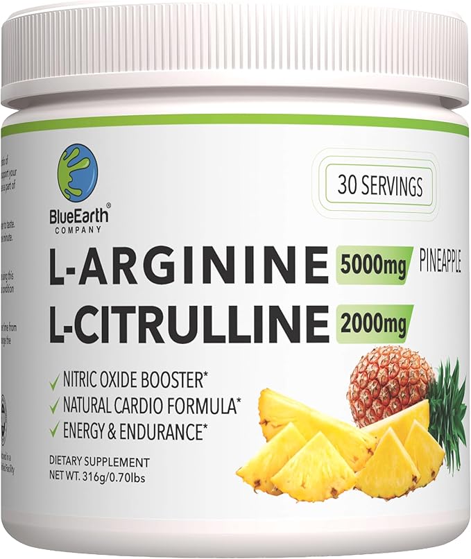 L-Arginine 5000mg + L-Citrulline 2000mg Complex Powder Supplement - Nitric Oxide Booster - Heart Health Circulation Energy &amp Endurance - 30 Servings (Pineapple)