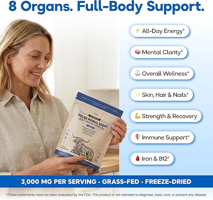 Grass Fed Beef Organ Supplement 3000mg (8 Organs) - Bone Marrow Thymus Liver Heart Kidney Trachea Spleen Lung - Freeze-Dried - 180 Capsules (30 Servings)