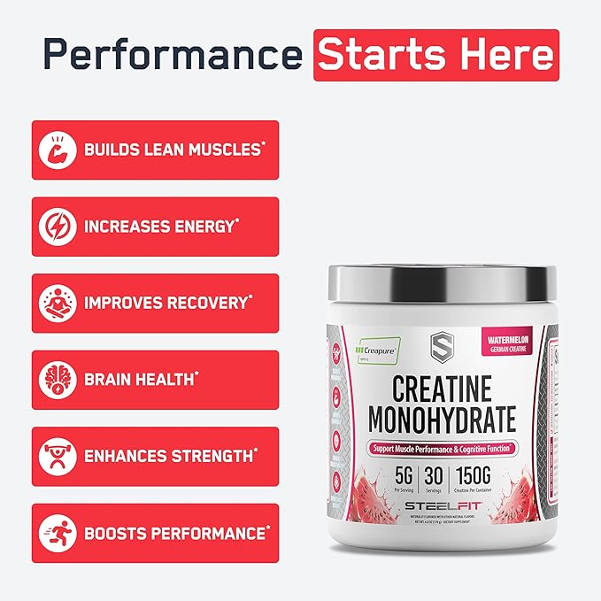 SteelFit Creapure Pure Creatine Monohydrate Powder for Men &amp Women Watermelon - Flavored Creatine Gym Workout Supplements for Lean Muscle Gain Brain Health &amp Strength Building - 30 Servings