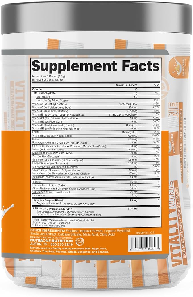 NutraOne VitalityOne On The Go Complete Multivitamin Probiotic and Enzyme Blend Orange Cream – 30 Servings