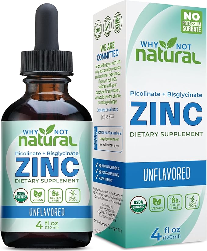 Organic Liquid Zinc Drops Supplement with Chelated Picolinate and Bisglycinate Vegan