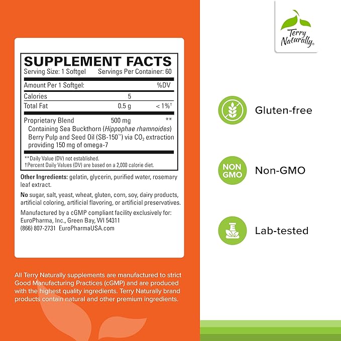 Terry Naturally Omega-7 - Dietary Supplement with Essential Fatty Acids - Nutritional Supplement to Support Skin Health with Sea Buckthorn Berry Pulp &amp Seed Oil - 60 Softgels (Pack of 2)