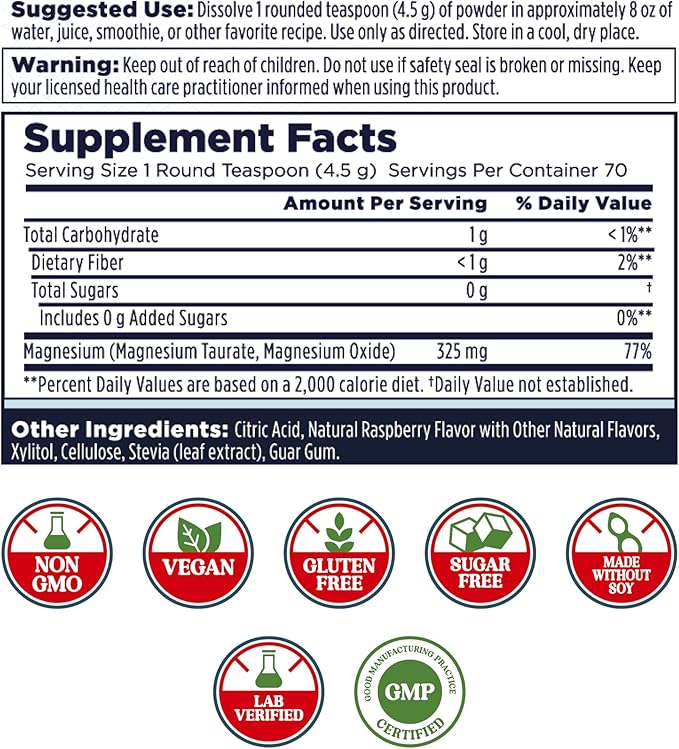 KAL Heart Magnesium Powder Red Raspberry Flavor Heart Health Support Magnesium Drink Mix Magnesium Supplement Sugar Free 70 Servings 11 OZ