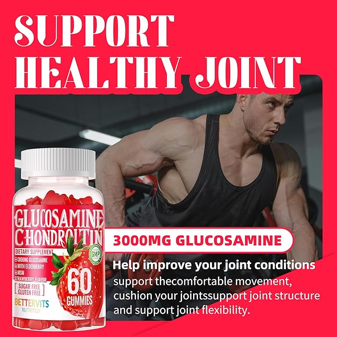 Glucosamine Chondroitin Gummies with MSM &amp Elderberry Extra Strength - Joint Support Antioxidant Immune Support Supplement for Adults Men &amp Women.120 Strawberry Gummies