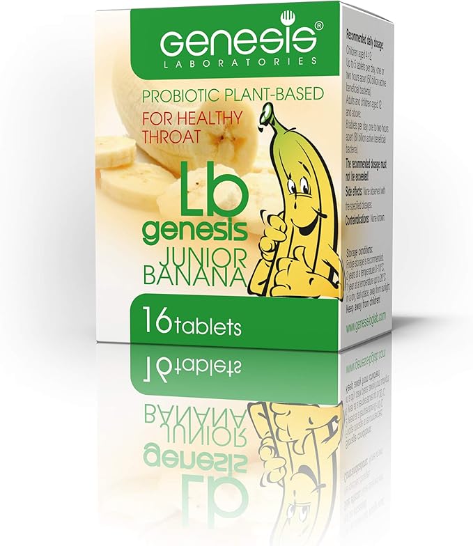 Genesis LB Junior Banana Vegan Probiotic Lozenges – Lactobacillus Bulgaricus with Freeze-Dried Bananas &amp Xylitol – Supports Throat and Gut Health – Dairy-Free Gluten-Free Non-GMO 16 Tablets