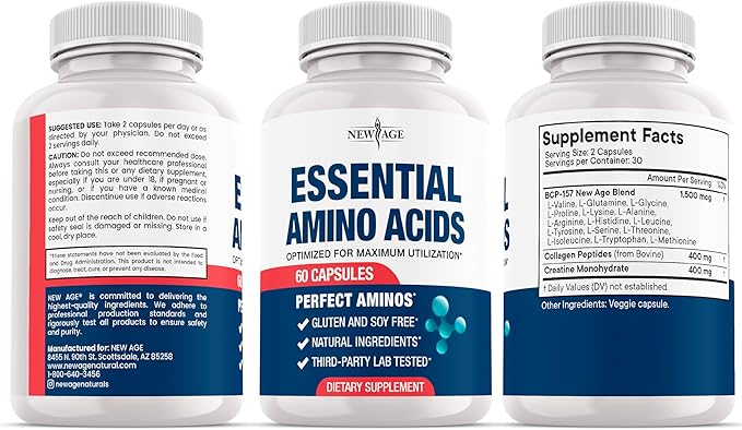NEW AGE Amino Acid Complex – 20 Aminos with BCAAs L-Glutamine L-Arginine &amp Hyaluronic Acid – Supports Recovery Energy Immune Health &amp Wellness – Non-GMO Gluten-Free – 60 Capsules