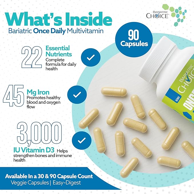 Bariatric Choice Once-Daily Bariatric Multivitamin with 45 mg of Iron | Easy to Swallow Capsule | Vitamin for Bariatric Surgery Patients | 90 Count (3-Month Supply)