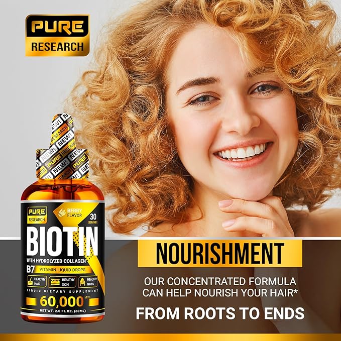 PURE RESEARCH Liquid Biotin &amp Collagen Hair Growth Drops 60000mcg – Biotin and Liquid Collagen Supplements for Women &amp Men – Supports Glowing Skin Healthy Hair &amp Nail Growth (2Fl Oz)