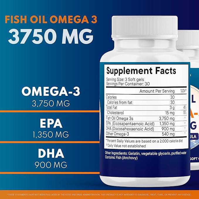 Triple Strength Omega 3 Fish Oil 3750 mg - EPA &amp DHA - Over 3000mg Omega-3 Fatty Acids - 1350mg EPA + 900mg DHA - Best Essential Fatty Acids Burpless Fish Oil - 180 Count