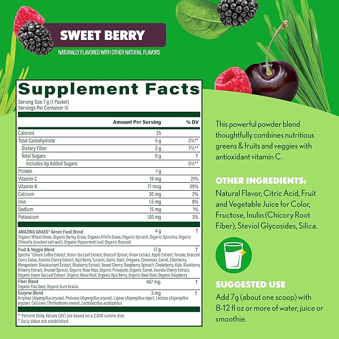 Amazing Grass Greens Blend Antioxidant: Super Greens Powder with Spirulina Beet Root Powder Elderberry Prebiotics &amp Probiotics Sweet Berry 15 Servings (Packaging May Vary)