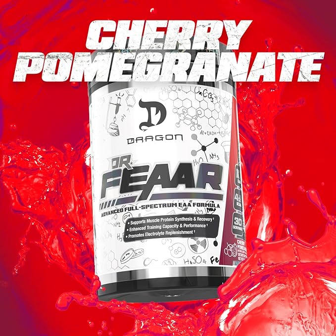 DRAGON PHARMA Dr. FEAAR® Advanced Full-Spectrum EAA Matrix Supports Muscle Protein Synthesis and Recovery Enhanced Training Capacity and Performance (30 Servings Cherry Pomegranate)