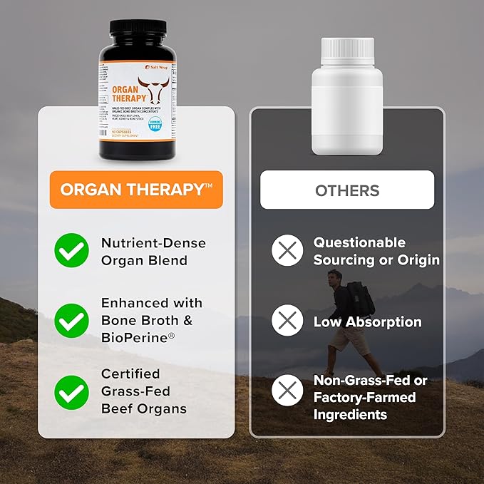 SaltWrap Organ Therapy - Grass Fed Beef Organ Meat Complex Supplement with Organic Bone Broth Concentrate (Beef Liver Heart Kidney and Bone Broth Capsules with BioPerine) Desiccated 90 Capsules
