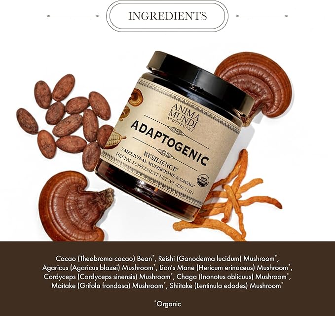 Anima Mundi Apothecary Organic Mushroom Supplement - Adaptogenic Mushrooms + Cacao - Uplifting Powder with Organic Lion's Mane Shiitake Chaga &amp More - Add to Coffee Tea &amp Smoothies (4oz / 1