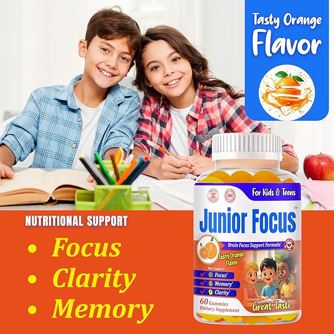 Focus Gummies for Kids and Teens – Kids Omega 3 Brain Support Gummies Vitamins for Kids – Brain Focus Supplements Kids Vitamin Gummies – Orange Flavor 60 Gummy Vitamins for Teens