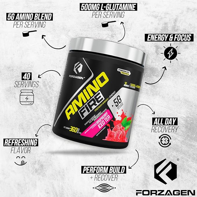 Forzagen Amino Fire | Essential Amino Energy Powder for Pre-Workout | BCAA Energy Boost &amp Muscle Recovery Drink Mix Enhance Focus &amp Concentration Dietary Supplement | Raspberry Ice Tea 40 S