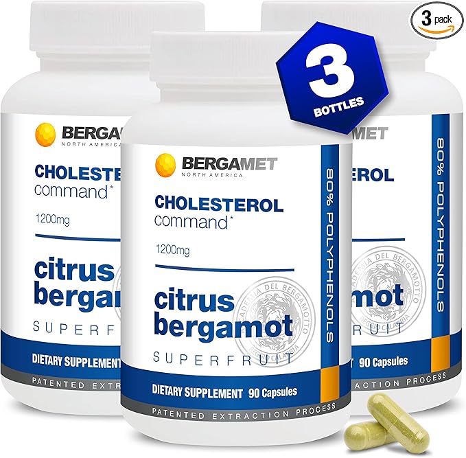 Cholesterol Command Citrus Bergamot SuperFruit Supplement 47% Bergamot Polyphenol Fraction (BPF) Patented Formula Made in the USA 3 Months 270 Capsules - 3 Bottles