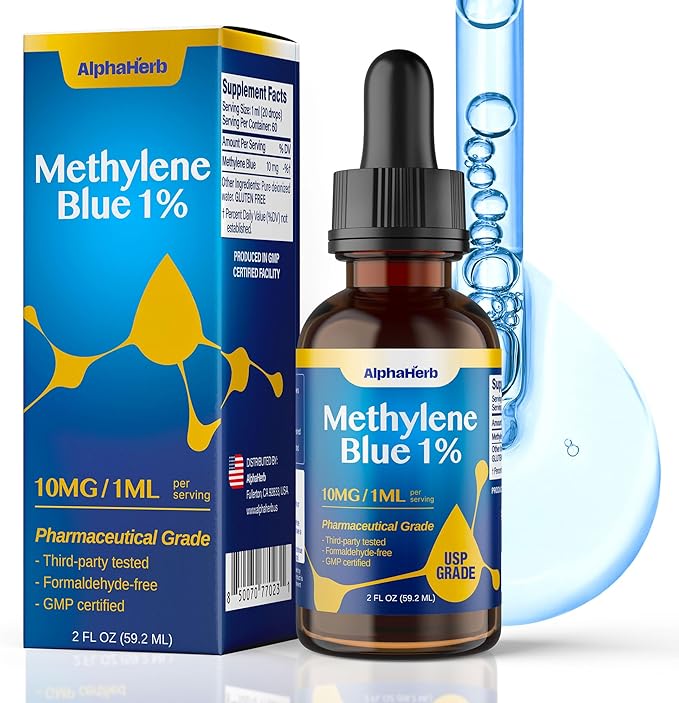 Methylene Blue Pharmaceutical Grade USP Grade Boost Energy Enhance Focus &amp Cognitive Support cGMP Certified Gluten-Free Methylene Blue 1% Drops 2 FL OZ (59.2 mL)