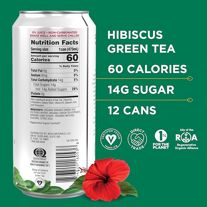 Steaz - Organic Green Tea - Hibiscus Flavored (12 Pack) - Antioxidant Brew - 30mg Natural Caffeine Vitamin C - Cane Sugar Sweetened Iced Tea - Vegan Fair Trade - 12 Cans 16 fl oz (473mL)
