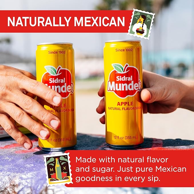 Sidral Mundet - Mexican Soda Soft Drinks Apple (12 oz 355ml) 8 Cans - Caffeine Free Gluten Free - Real Cane Sugar - 0g Fat - Made in Mexico - Natural Flavor Soda Pop - Over 120 Years