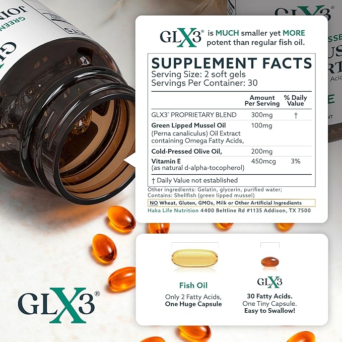 GLX3 Green Lipped Mussel Oil Capsules for Joint and Muscle Support | Extra-Strength ETA EPA DHA Omega-3 Green Lipped Mussel Supplement for Comfort Flexibility &amp Recovery by HakaLife GLX3