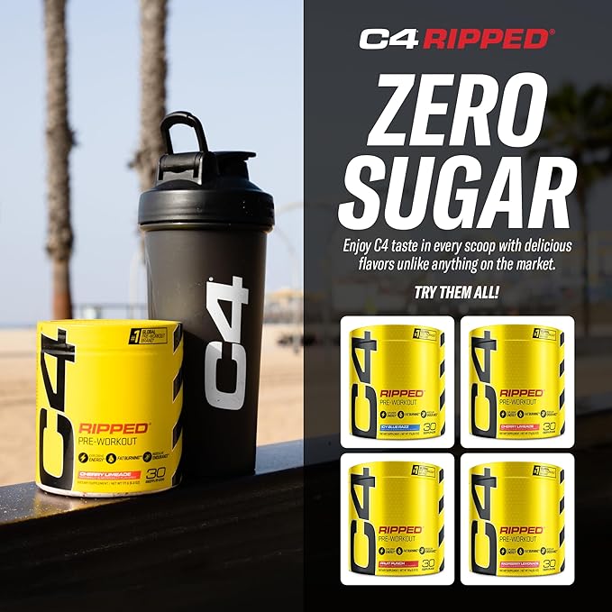 C4 Ripped Pre Workout Powder for Energy Beta Alanine Zero Sugar Energy Supplement Preworkout for Men &amp Women - 150mg Caffeine + Creatine-Free - Cherry Limeade - 30 Servings