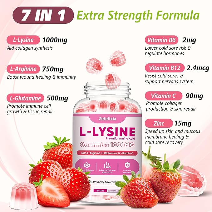 2 Pack L-Lysine Gummies 1000mg Lysine Gummies Supplement for Adults &amp Kids Essential Amino Acid with L-Arginine L-Glutamine for Lip &amp Skin Immune Calcium Absorption Strawberry Flavor 12