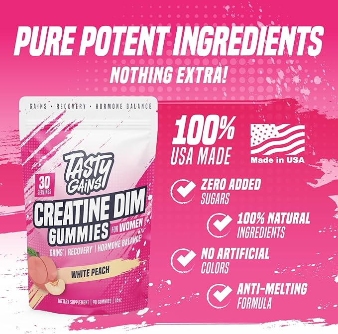 Creatine Gummies for women | 3g Creatine Monohydrate Per Serving | DIM Supplement 100 mg | Estrogen Balance for Women | Hormonal Acne Hormone Balance Glute Builder (90 Count Pineapple Mango)