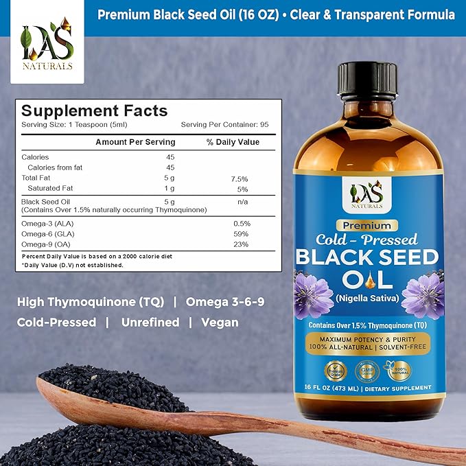 Black Seed Oil 16oz Premium Cold-Pressed Black Cumin Seed Oil | Nigella Sativa High Thymoquinone Omega 3 6 9 | 100% Pure Unrefined Liquid Non-GMO Vegan