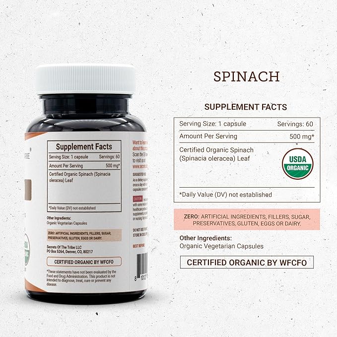 Secrets of the Tribe Spinach 60 Capsules 500 mg USDA Organic Spinach (Spinacia oleracea) Dried Leaf (60 Capsules)