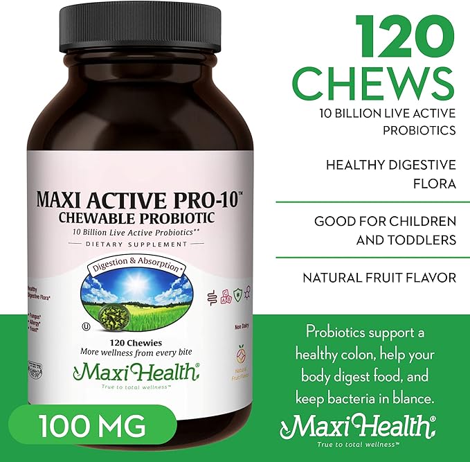 Maxi Health Active Pro-10 Kids Probiotic Chewables – 15 Strains for Digestive &amp Immune Health –10 Billion probiotic Blend- Dairy-Free Kosher – Supports Gut Health Vegetarian – 60 ct (Shelf Stabl