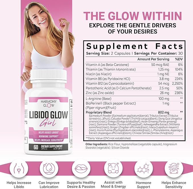 Libido Glow Girl | 14 in 1 Powerful Libido Booster for Women &amp Aphrodisiac | Helps Improve Women's Drive Passion Sensitivity | Maca Tribulus Ashwagandha | 3rd Party Tested Supplement - 60 Pill