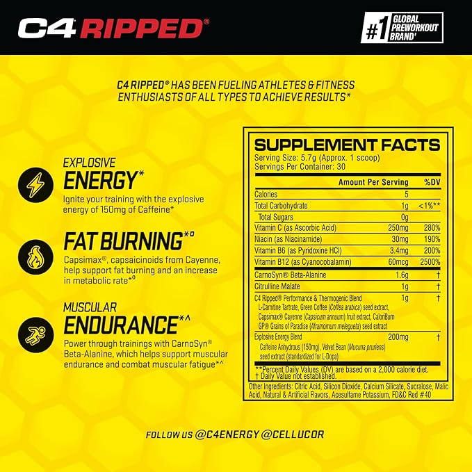 C4 Ripped Pre Workout Powder for Energy Beta Alanine Zero Sugar Energy Supplement Preworkout for Men &amp Women - 150mg Caffeine + Creatine-Free - Cherry Limeade - 30 Servings
