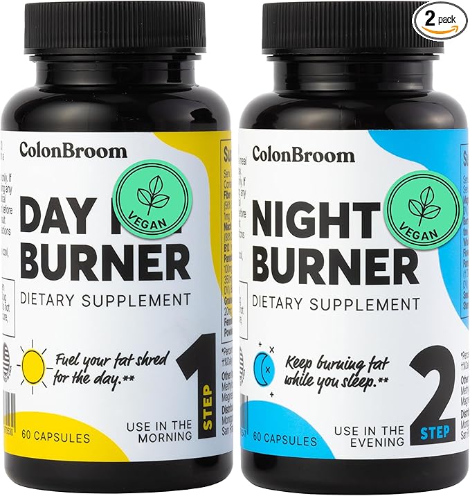 ColonBroom Day &amp Night Burner Supplements Pills for Women/Men with Inulin L-carnitine Coenzyme Q 10 Grain of Paradise and More Colon Broom 60 Vegan Capsules Per Container